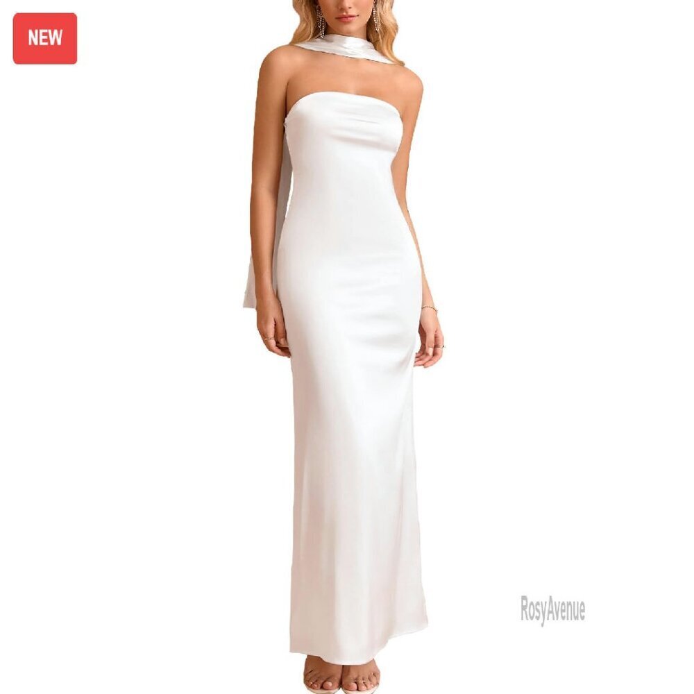 Strapless Satin Maxi Dress with Scarf Formal Wedding Guest Gown